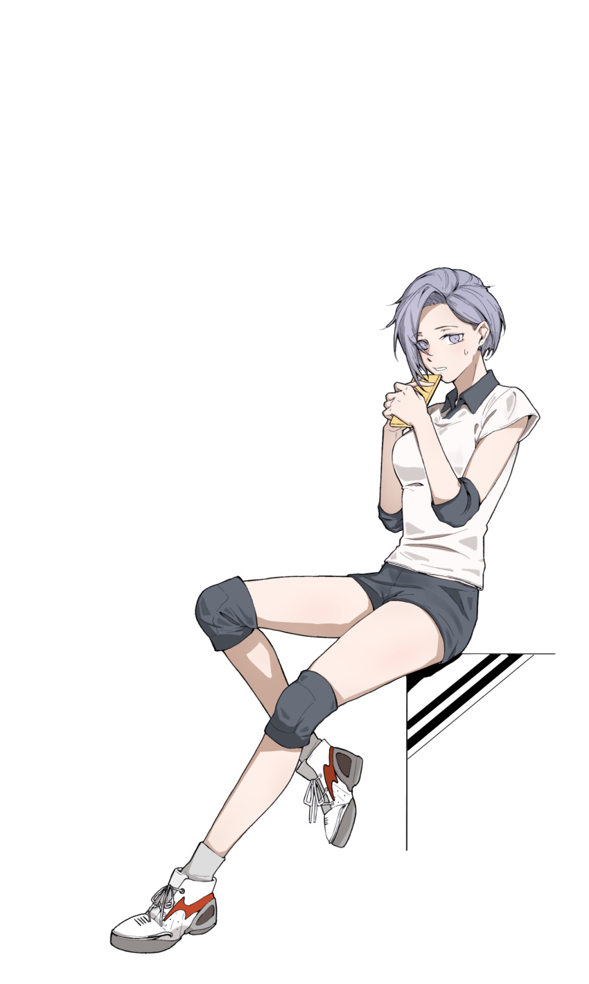 1girl black_shorts breasts cellphone commentary earrings elbow_pads full_body haoxiangkan_nutong highres holding holding_phone jewelry knee_pads kyou_wa_kanojo_ga_inai_kara looking_at_viewer medium_breasts natsume_nanase parted_lips phone purple_hair shirt shoes short_hair short_sleeves shorts simple_background sitting smartphone sneakers socks solo stud_earrings sweatdrop violet_eyes white_background white_shirt white_socks