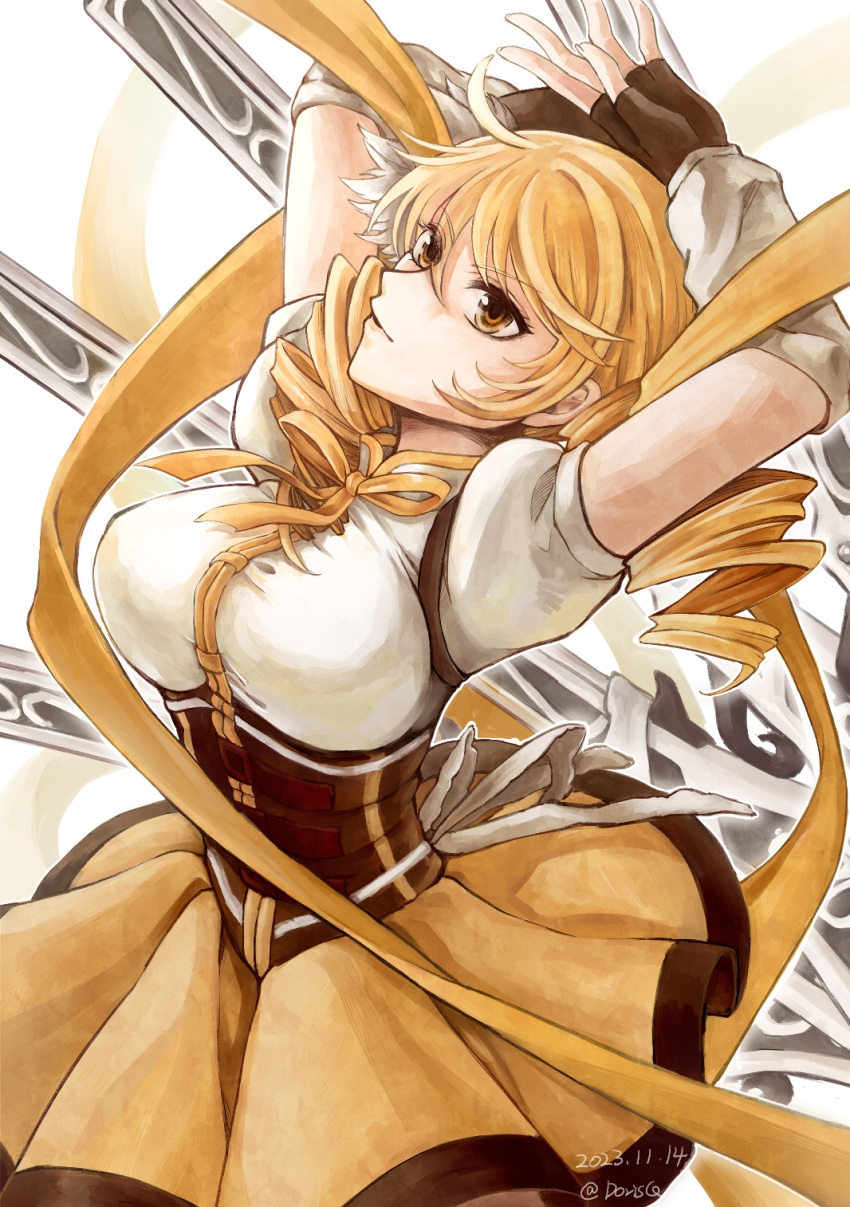 1girl arms_up artist_name beret blonde_hair breasts brown_corset brown_gloves brown_headwear closed_mouth commentary_request corset dated detached_sleeves dorisq fingerless_gloves gloves gun hat highres long_sleeves looking_at_viewer magical_girl magical_musket mahou_shoujo_madoka_magica mahou_shoujo_madoka_magica_(anime) medium_breasts neck_ribbon puffy_short_sleeves puffy_sleeves ribbon short_sleeves skirt solo tomoe_mami upper_body weapon yellow_eyes yellow_ribbon yellow_skirt