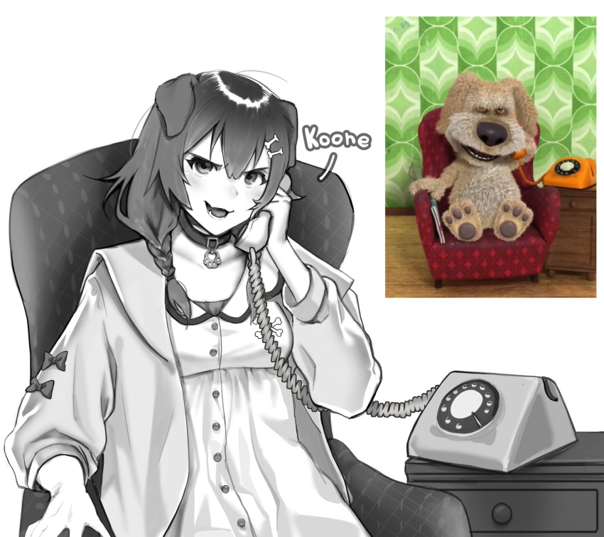 1girl aa2mee animal_connection animal_ears antique_phone black_collar black_eyes bone_hair_ornament braid cartoon_bone collar comedy dog_ears dog_girl double-parted_bangs dress english_commentary greyscale hair_between_eyes hair_ornament highres holding holding_phone hololive inugami_korone inugami_korone_(1st_costume) jacket looking_at_viewer low_twin_braids monochrome on_chair phone photo-referenced reference_photo simple_background sitting talking_on_phone twin_braids upper_body virtual_youtuber white_background white_dress white_jacket