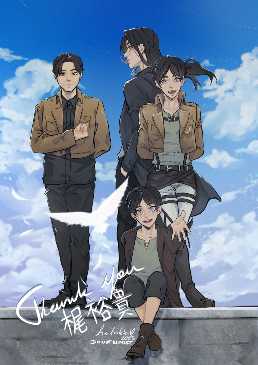 4boys age_progression back-to-back blue_sky clouds cloudy_sky eren_yeager full_body hand_on_own_chest highres looking_at_viewer male_focus multiple_boys outstretched_arm pants paradis_military_uniform reaching reaching_towards_viewer real_life salute shingeki_no_kyojin short_hair sitting sky smile thank_you time_paradox tsutokki voice_actor yuki_kaji