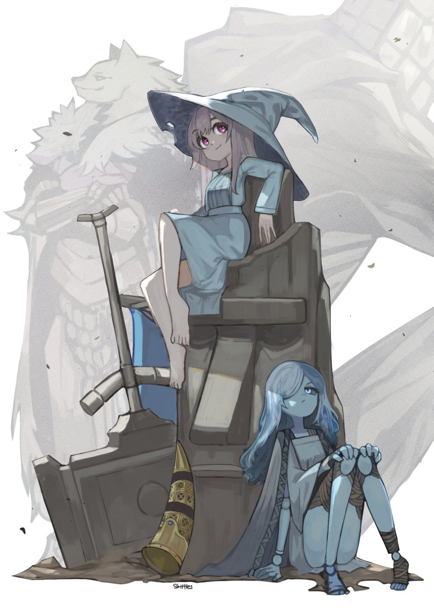 armor barefoot blaidd_the_half-wolf blue_eyes blue_hair blue_skin colored_skin doll_joints dress elden_ring extra_arms fur_trim grey_hair hair_over_one_eye hat highres hololive hololive_english horn_(instrument) joints koseki_bijou moai ranni_the_witch sitting trustyskittles violet_eyes virtual_youtuber war_counselor_iji war_hammer weapon werewolf witch_hat