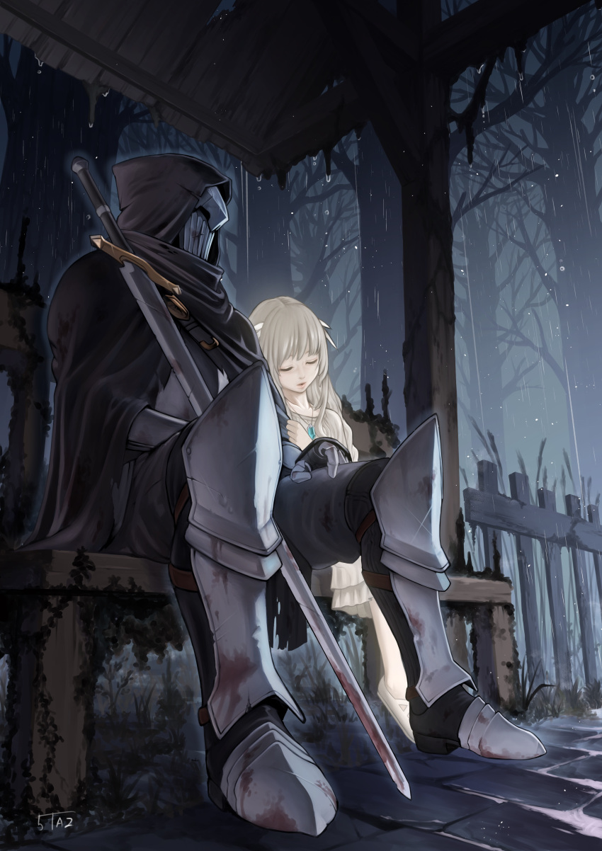 1boy 1girl 5tatsu absurdres armor bench black_cloak black_pants blonde_hair blunt_bangs breastplate cloak closed_eyes commentary_request covered_face dress ender_lilies_quietus_of_the_knights fence flats full_body gauntlets greaves hair_ornament helmet highres hood hood_up hooded_cloak jewelry leaning_on_person lily_(ender_lilies) necklace pants picket_fence plate_armor rain sitting sword umbral_knight_(ender_lilies) water_drop weapon white_dress white_footwear wooden_bench wooden_fence