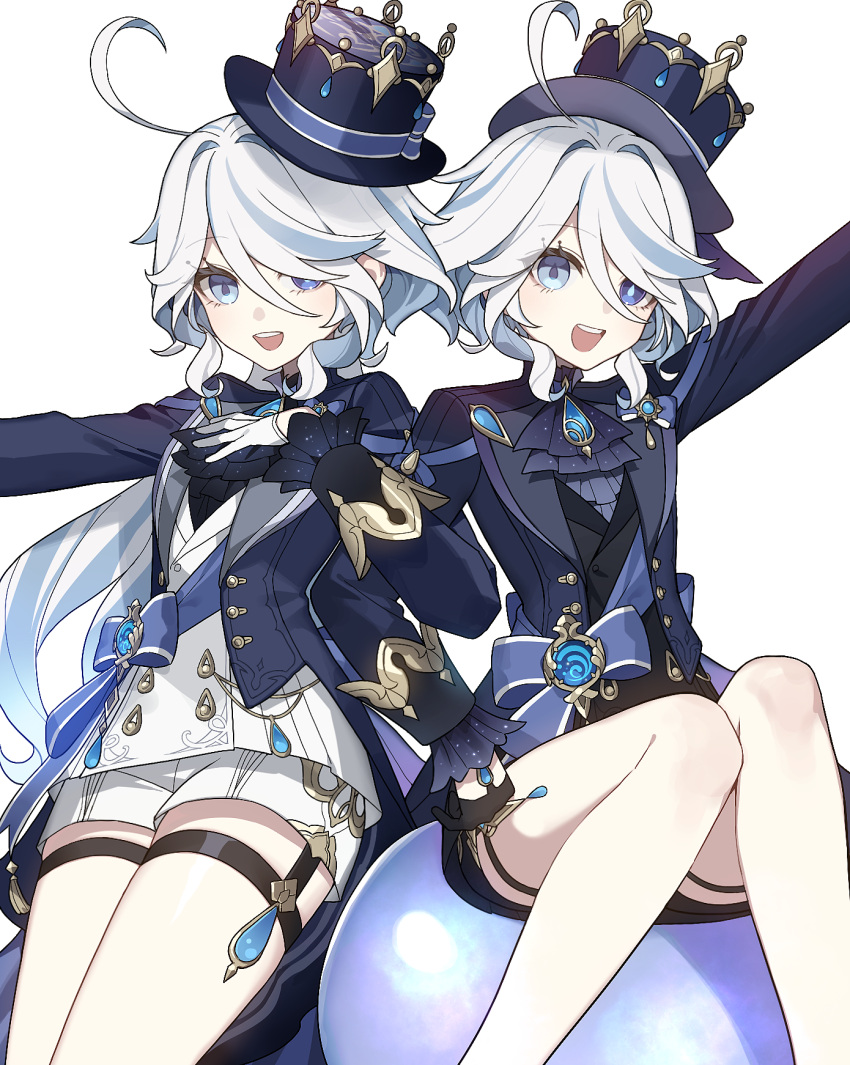 2girls ahoge arms_up ascot az192837465 bare_legs black_ascot black_shirt black_shorts blue_ascot blue_coat blue_eyes blue_headwear clone coat commentary drop-shaped_pupils feet_out_of_frame furina_(genshin_impact) genshin_impact gloves hat highres hydro_symbol_(genshin_impact) knees_up light_blush long_hair looking_at_viewer multicolored_hair multiple_girls open_mouth shirt shorts sidelocks simple_background sitting smile streaked_hair swept_bangs symbol-only_commentary teeth thigh_strap top_hat upper_teeth_only vision_(genshin_impact) white_background white_gloves white_hair white_shirt white_shorts