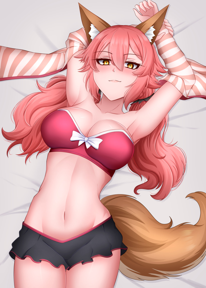 1girl animal_ears armpits bad_source bow bra breasts fate/extra fate/extra_ccc fate_(series) fox_ears fox_girl fox_tail from_above highres jacket krinkles large_breasts legs looking_at_viewer navel on_bed open_clothes open_jacket pink_bra pink_hair short_shorts short_twintails shorts slit_pupils smug solo tail tamamo_(fate) tamamo_no_mae_(fate/extra) tamamo_no_mae_(spring_casual)_(fate) twintails underwear yellow_eyes