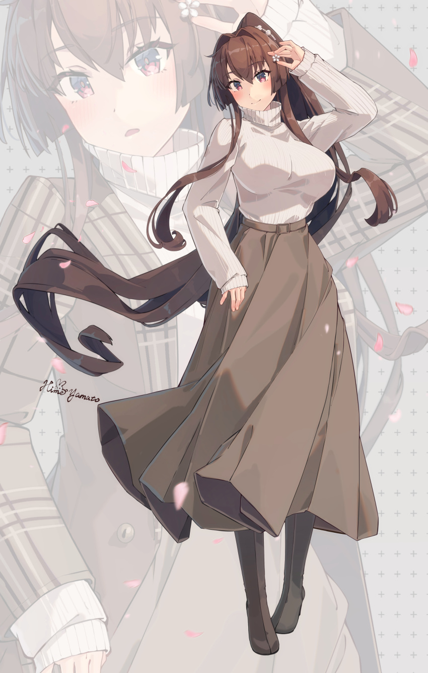 1girl absurdres artist_name blush boots breasts brown_eyes brown_footwear brown_hair brown_skirt cherry_blossoms closed_mouth flower full_body hair_between_eyes hair_flower hair_ornament highres himeyamato kantai_collection large_breasts long_hair long_sleeves multiple_views petals pink_flower ponytail ribbed_sweater signature skirt smile sweater turtleneck turtleneck_sweater very_long_hair white_sweater yamato_(kancolle) zoom_layer
