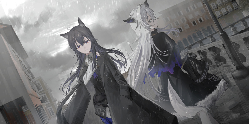2girls absurdres animal_ear_fluff animal_ears arknights black_gloves black_hair black_jacket black_vest blue_gloves blue_shorts building chihuri clouds cloudy_sky collared_shirt commentary_request fingerless_gloves fur-trimmed_jacket fur_trim gloves grey_eyes grey_hair hair_between_eyes highres jacket lamppost lappland_(arknights) long_hair long_sleeves multiple_girls outdoors pantyhose puffy_long_sleeves puffy_sleeves railing rain shirt shorts sky smile standing tail texas_(arknights) very_long_hair vest white_pantyhose white_shirt wide_sleeves window