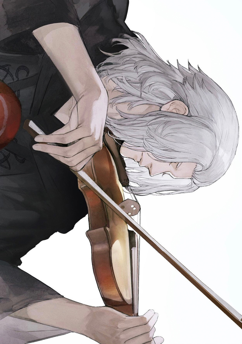 1boy black_capelet capelet covered_eyes emet-selch final_fantasy final_fantasy_xiv from_side hair_over_eyes highres holding holding_instrument instrument laoyepo male_focus medium_hair music playing_instrument portrait sideways simple_background solo violin white_background white_hair wide_sleeves