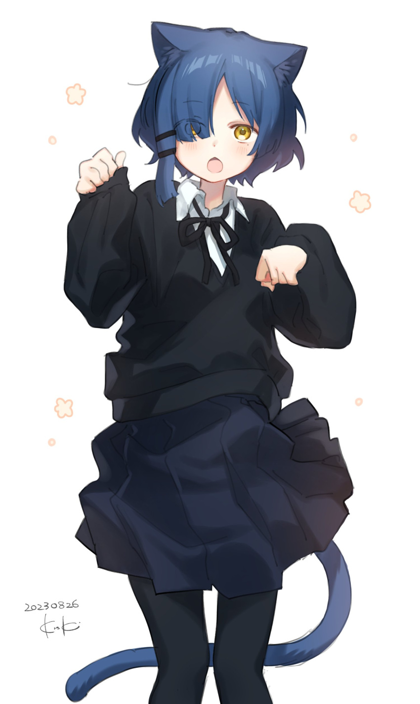 1girl absurdres animal_ears black_pantyhose black_sweater blue_hair blue_skirt bocchi_the_rock! cat_ears cat_tail collared_shirt dated eyes_visible_through_hair feet_out_of_frame floral_background hair_between_eyes hair_over_one_eye highres long_sleeves looking_at_viewer open_mouth pantyhose pleated_skirt shirt short_hair signature simple_background sk_tsu96 skirt solo standing sweater tail white_background yamada_ryo yellow_eyes