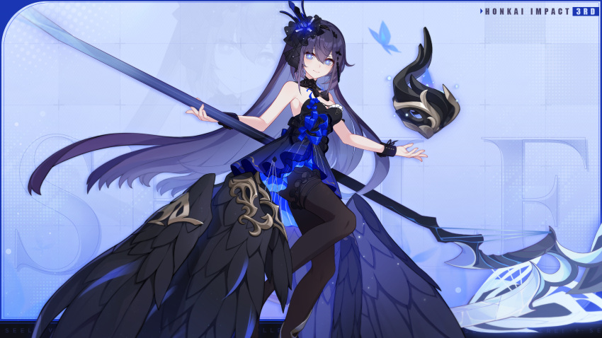 bare_shoulders black_bracelet black_dress black_footwear black_hair black_headwear blue_background blue_theme character_name chinese_commentary closed_mouth colored_inner_hair dress hair_between_eyes highres holding holding_scythe honkai_(series) honkai_impact_3rd long_hair multicolored_hair official_alternate_costume official_art official_wallpaper open_hand orb scythe seele_vollerei seele_vollerei_(herrscher_of_rebirth) smile very_long_hair weapon