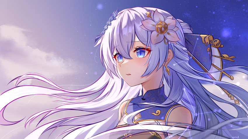 1girl absurdres bare_shoulders blue_dress blue_eyes china_dress chinese_clothes chinese_commentary clothing_cutout clouds commentary_request dress earrings floating_hair flower hair_between_eyes hair_flower hair_ornament highres hinata_mr_assassin honkai_(series) honkai_impact_3rd jewelry long_hair parted_lips sky sleeveless solo star_(sky) theresa_apocalypse theresa_apocalypse_(starlit_astrologos) upper_body white_hair zhuge_kongming_(honkai_impact)