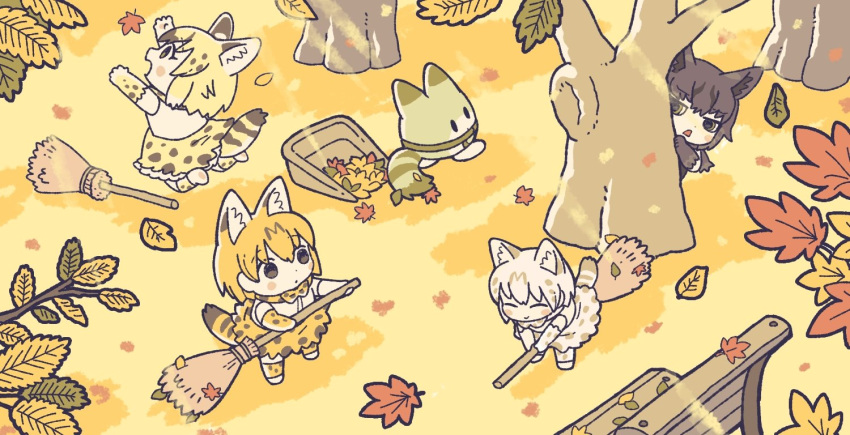 4girls ^_^ animal_ears animal_print autumn autumn_leaves bench black_hair black_serval_(kemono_friends) blonde_hair bow bowtie broom brown_hair cat_ears cat_girl cat_tail chibi closed_eyes closed_mouth commentary day elbow_gloves full_body gloves holding holding_broom jumping kemono_friends kemono_friends_3 kuro_shiro_(kuro96siro46) looking_at_another looking_at_object lucky_beast_(kemono_friends) medium_hair multicolored_hair multiple_girls open_mouth orange_hair outdoors park_bench peeking_out scarf serval_(ex4)_(kemono_friends) serval_(kemono_friends) serval_print shirt skirt sleeveless sleeveless_shirt smile standing symbol-only_commentary tail thigh-highs white_serval_(kemono_friends)