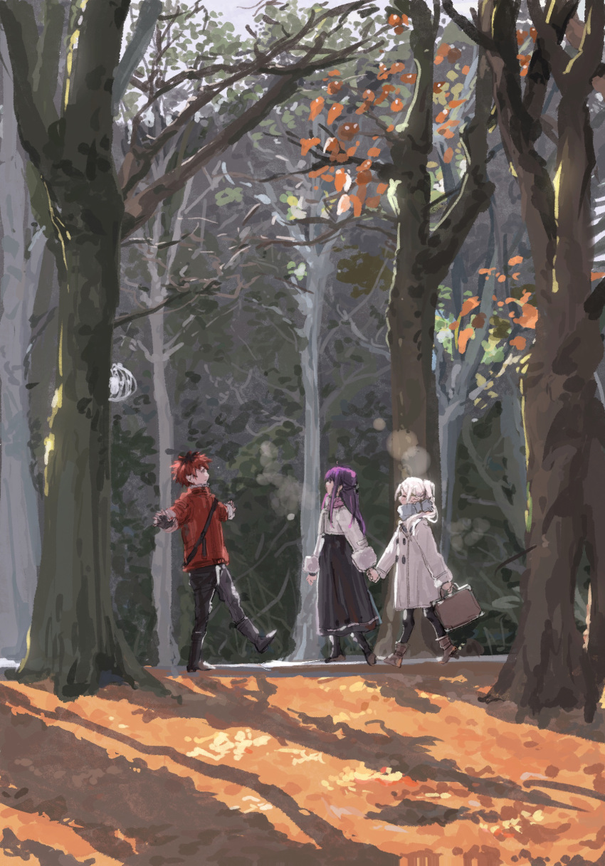 1boy 2girls ailisimeiyoumeng black_dress black_footwear black_pants black_pantyhose blue_scarf boots briefcase brown_footwear commentary cropped_jacket dress elf fern_(sousou_no_frieren) forest frieren from_side fur-trimmed_sleeves fur_trim highres holding holding_briefcase holding_hands jacket long_hair long_sleeves multiple_girls nature outstretched_arms pants pantyhose pointy_ears profile purple_hair red_eyes redhead scarf scenery sousou_no_frieren stark_(sousou_no_frieren) tree twintails walking_backwards white_hair white_jacket