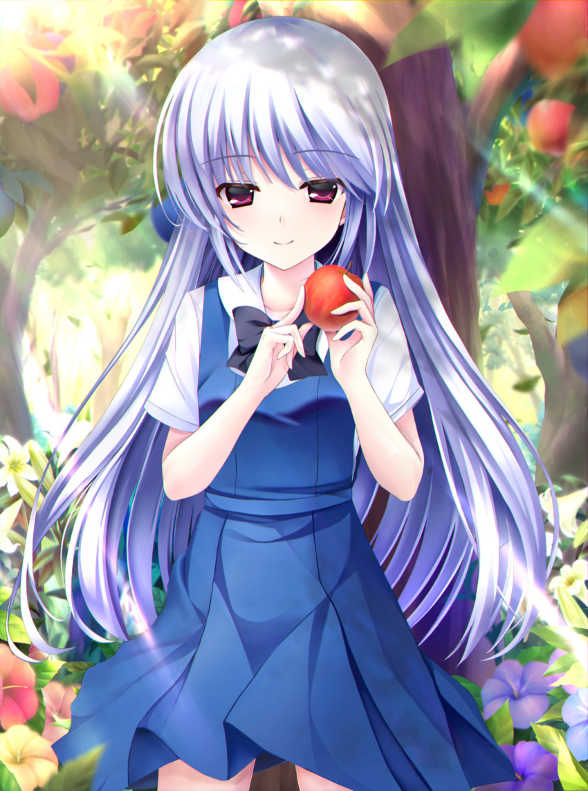 1girl apple apple_tree black_bow blue_dress blue_hair blurry blush bow closed_mouth collared_shirt commentary_request cowboy_shot dappled_sunlight day depth_of_field dress eyelashes food forest fruit grisaia_(series) grisaia_no_kajitsu hair_between_eyes hands_up highres holding holding_food holding_fruit index_finger_raised kazami_kazuki light_blue_hair long_hair looking_at_viewer nature outdoors red_eyes scenery school_uniform shirt short_sleeves sidelocks sleeveless sleeveless_dress smile solo standing straight-on straight_hair sunlight tree very_long_hair white_shirt xiexianglg