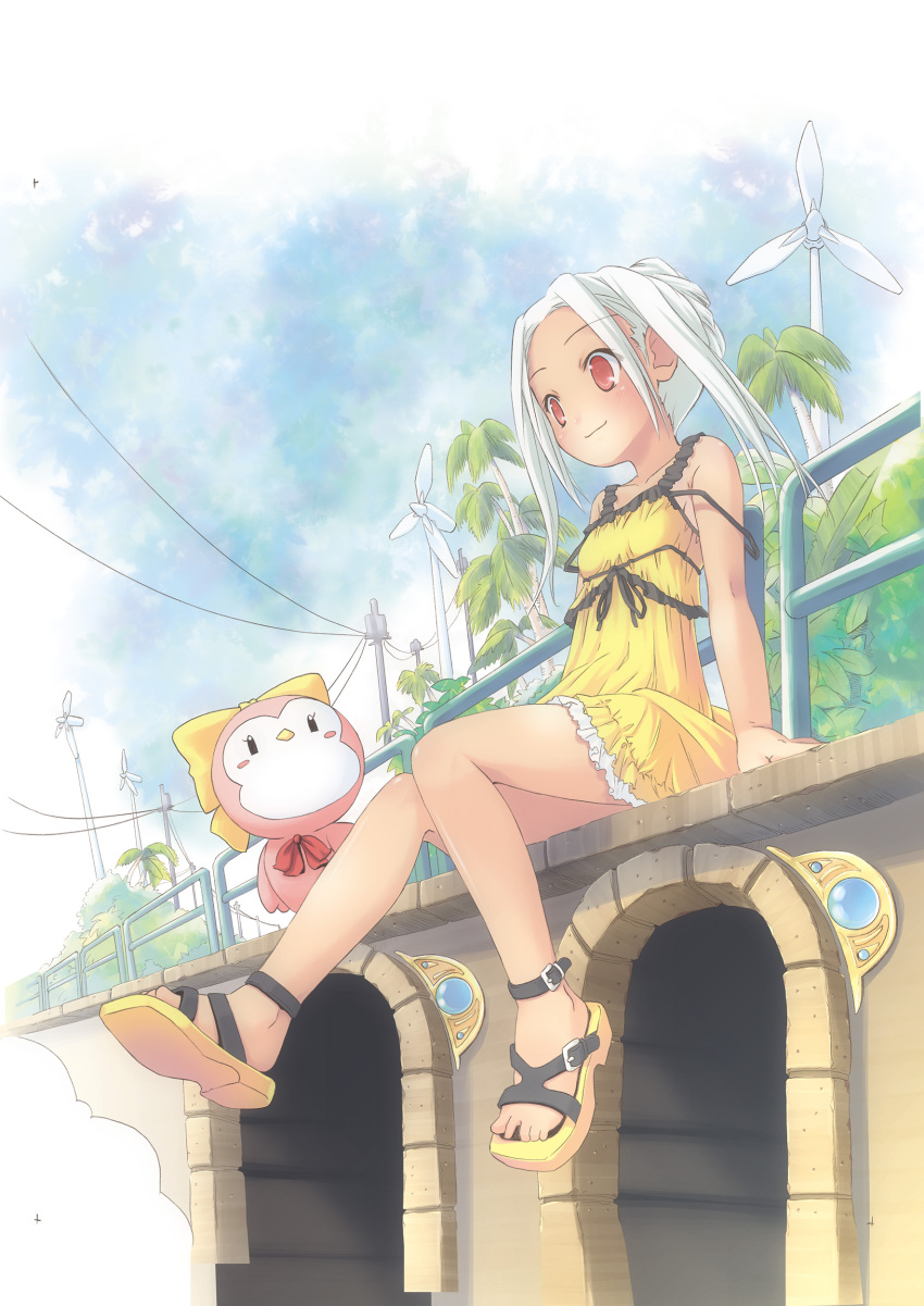 1girl 1other absurdres bow bowtie bridge character_request copyright_request dress highres orange_eyes palm_tree pop_(electromagneticwave) power_lines red_bow red_bowtie sandals tan tree white_hair windmill yellow_bow yellow_dress
