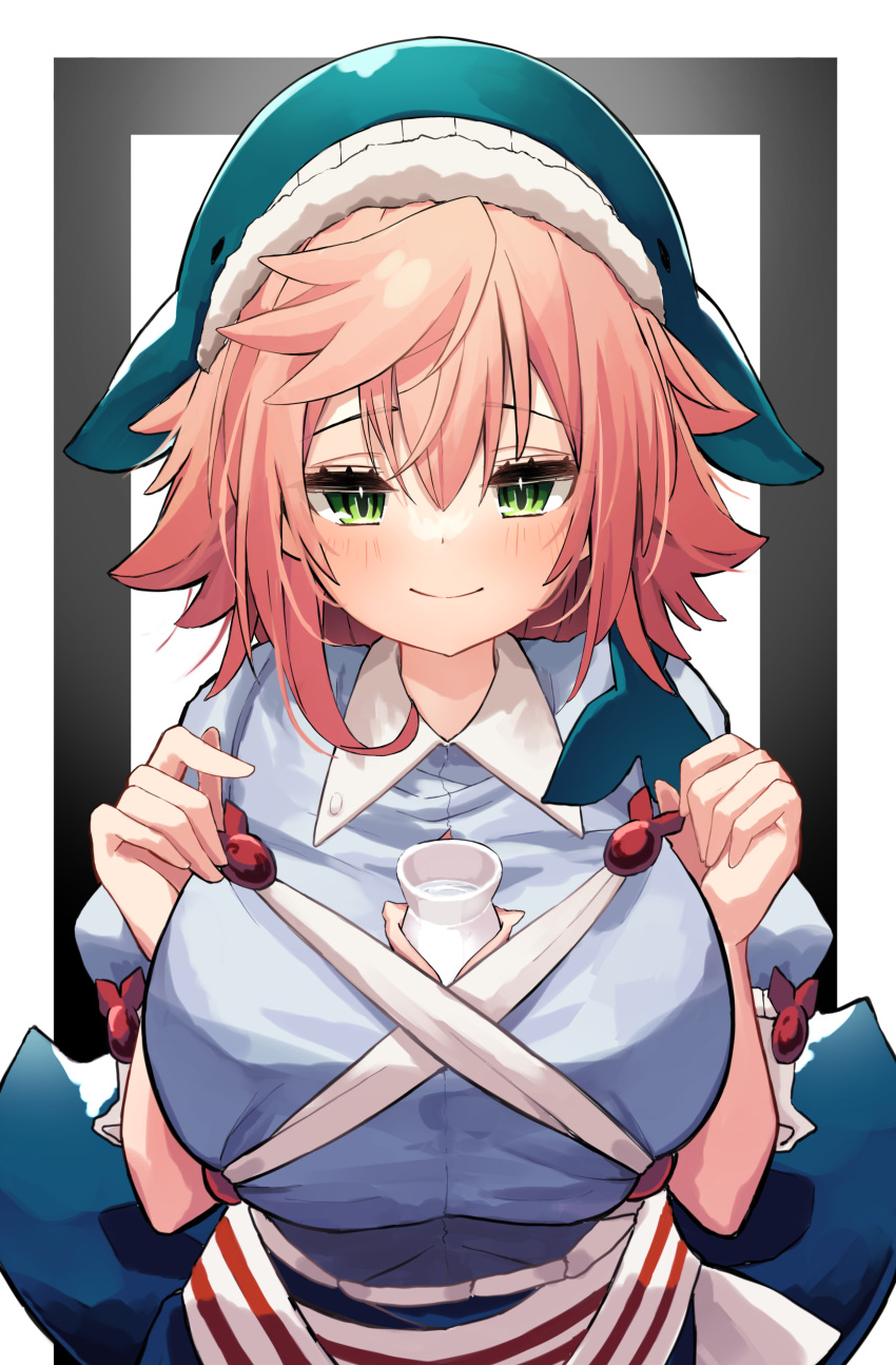1girl absurdres apron between_breasts black_border blue_headwear border breasts closed_mouth commentary_request cross-laced_clothes green_eyes highres hira-san huge_breasts looking_at_viewer okunoda_miyoi paid_reward_available pink_hair short_hair smile solo tokkuri touhou upper_body whale_hat