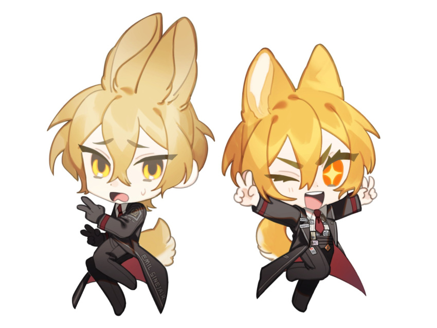 animal_ears black_coat black_gloves black_pants blonde_hair chibi coat collared_shirt dog_ears dog_tail don_quixote_(limbus_company) double_v gloves highres limbus_company looking_at_viewer necktie one_eye_closed open_mouth pants project_moon rabbit_ears rabbit_tail red_necktie shirt simple_background sinclair_(limbus_company) smile sparkling_eyes sweat tail umikuri v white_background white_shirt wing_collar yellow_eyes