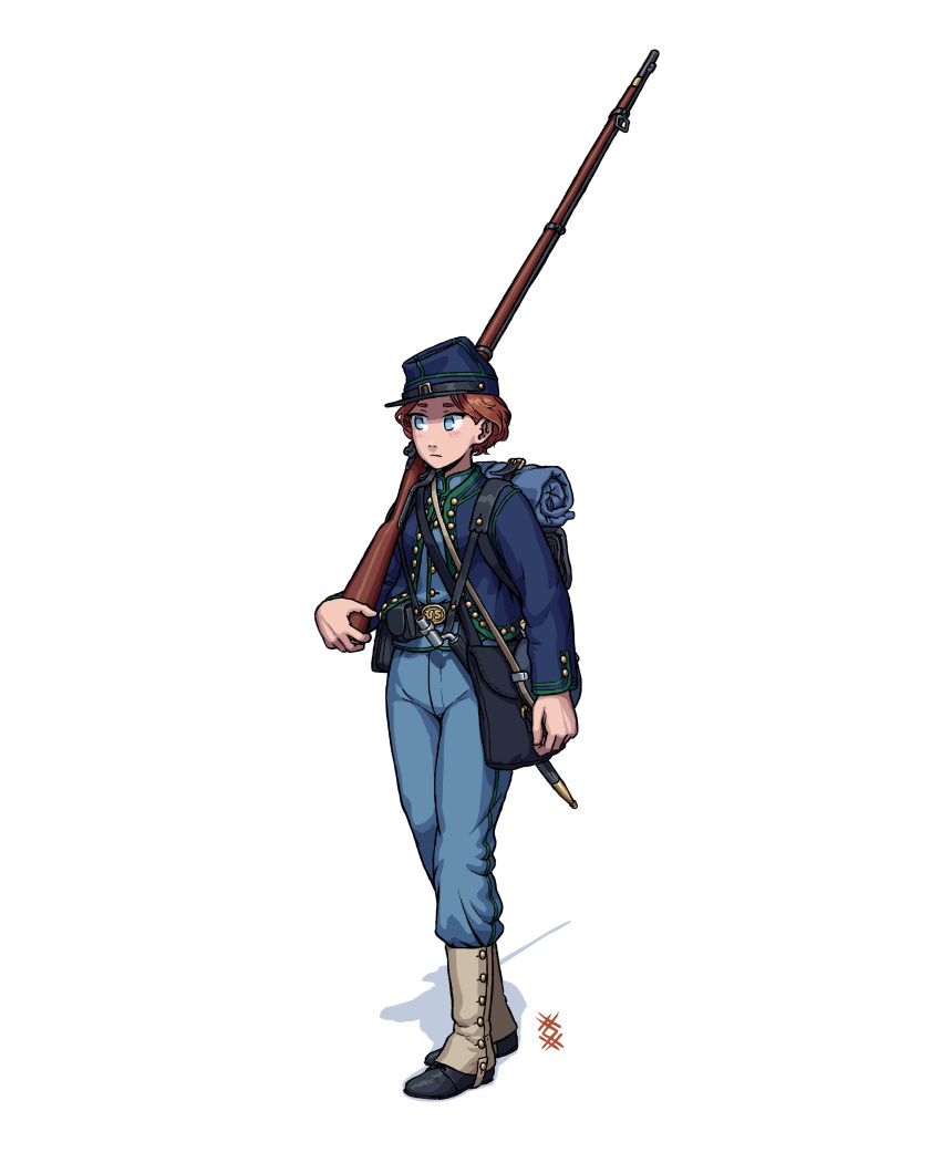 1girl absurdres american_civil_war antique_firearm army bag bayonet bedroll belt belt_buckle black_footwear blue_eyes blue_headwear blue_jacket blue_pants boots brown_hair buckle buttons commentary firelock flintlock full_body gaiters green_trim gun hat highres holding holding_gun holding_weapon jacket kepi line_infantry load_bearing_equipment long_sleeves military military_hat military_uniform musket original ostwindprojekt pants pouch shadow sheath sheathed short_hair shoulder_bag simple_background soldier solo uniform united_states_army weapon white_background