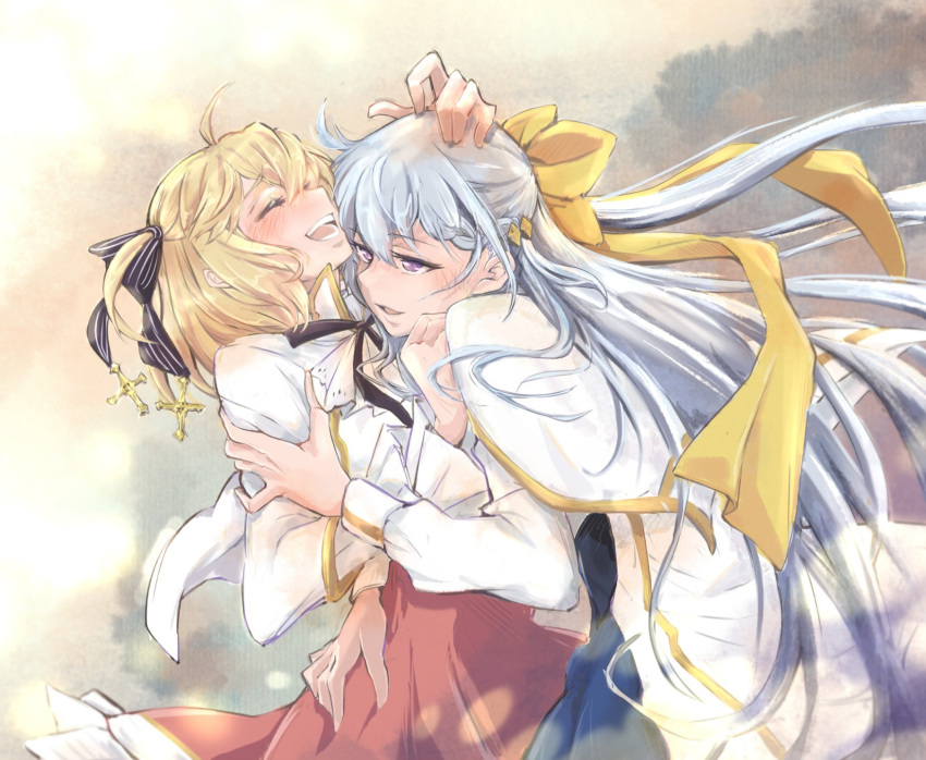 2girls ahoge anisphia_wynn_palettia black_bow blonde_hair blue_skirt blush bow closed_eyes commentary dress english_commentary euphyllia_magenta grey_hair hair_bow hair_ribbon hand_on_another's_arm hand_on_another's_head highres laughing long_hair medium_hair multiple_girls open_mouth parted_lips pink_skirt qqwan120 ribbon skirt smile tensei_oujo_to_tensai_reijou_no_mahou_kakumei violet_eyes white_dress yellow_bow yellow_ribbon yuri