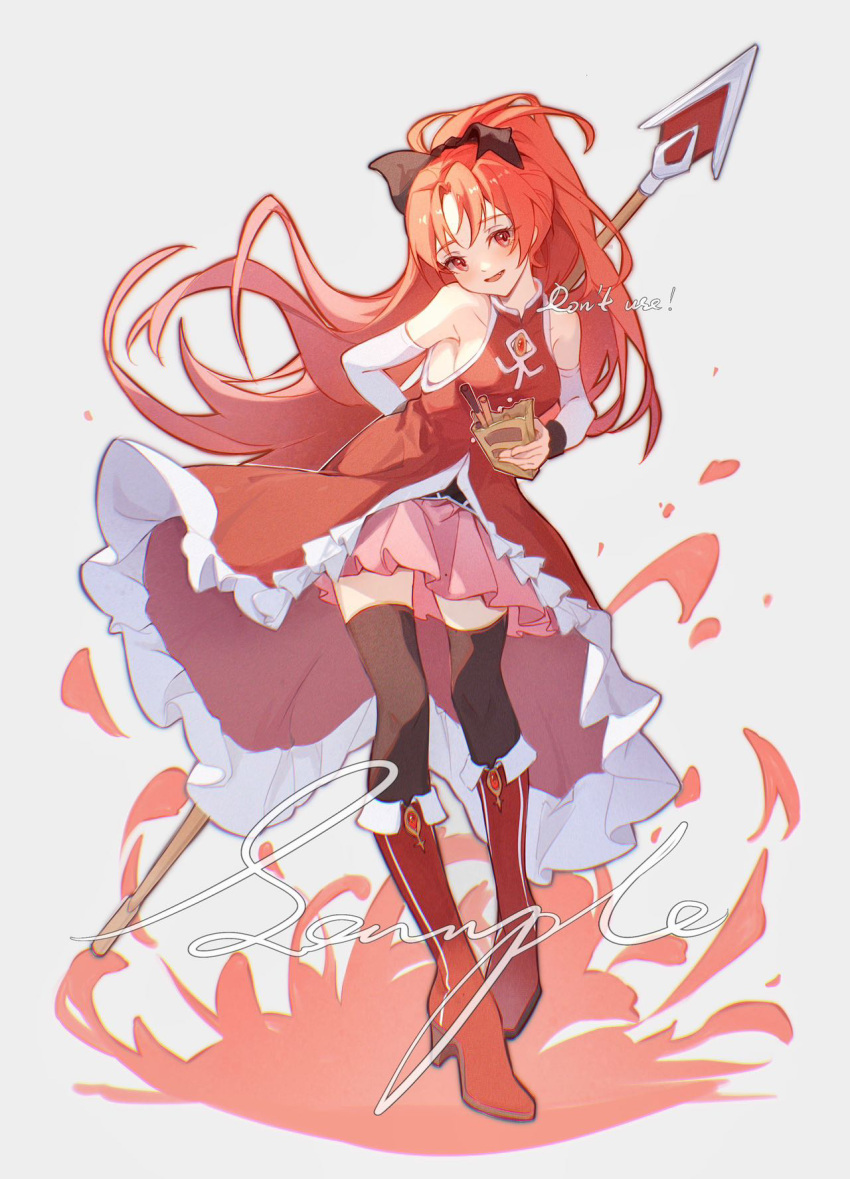 1girl black_ribbon black_thighhighs blush boots cloudyman food full_body high_ponytail highres holding holding_polearm holding_weapon long_hair looking_at_viewer magical_girl mahou_shoujo_madoka_magica mahou_shoujo_madoka_magica_(anime) pink_skirt pocky polearm red_eyes redhead ribbon sakura_kyoko skirt solo soul_gem spear thigh-highs very_long_hair weapon