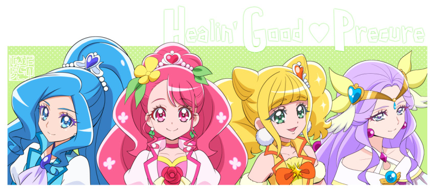 4girls artist_logo blonde_hair blue_eyes blue_hair choker commentary_request copyright_name cure_earth cure_fontaine cure_grace cure_sparkle earrings eyelashes flower fuurin_asumi green_eyes hair_flower hair_ornament hanadera_nodoka happy healin'_good_precure hiramitsu_hinata jewelry kamikita_futago long_hair looking_at_viewer magical_girl multiple_girls pink_choker pink_eyes pink_hair pom_pom_(clothes) pom_pom_earrings ponytail precure puffy_sleeves purple_hair sawaizumi_chiyu smile twintails violet_eyes