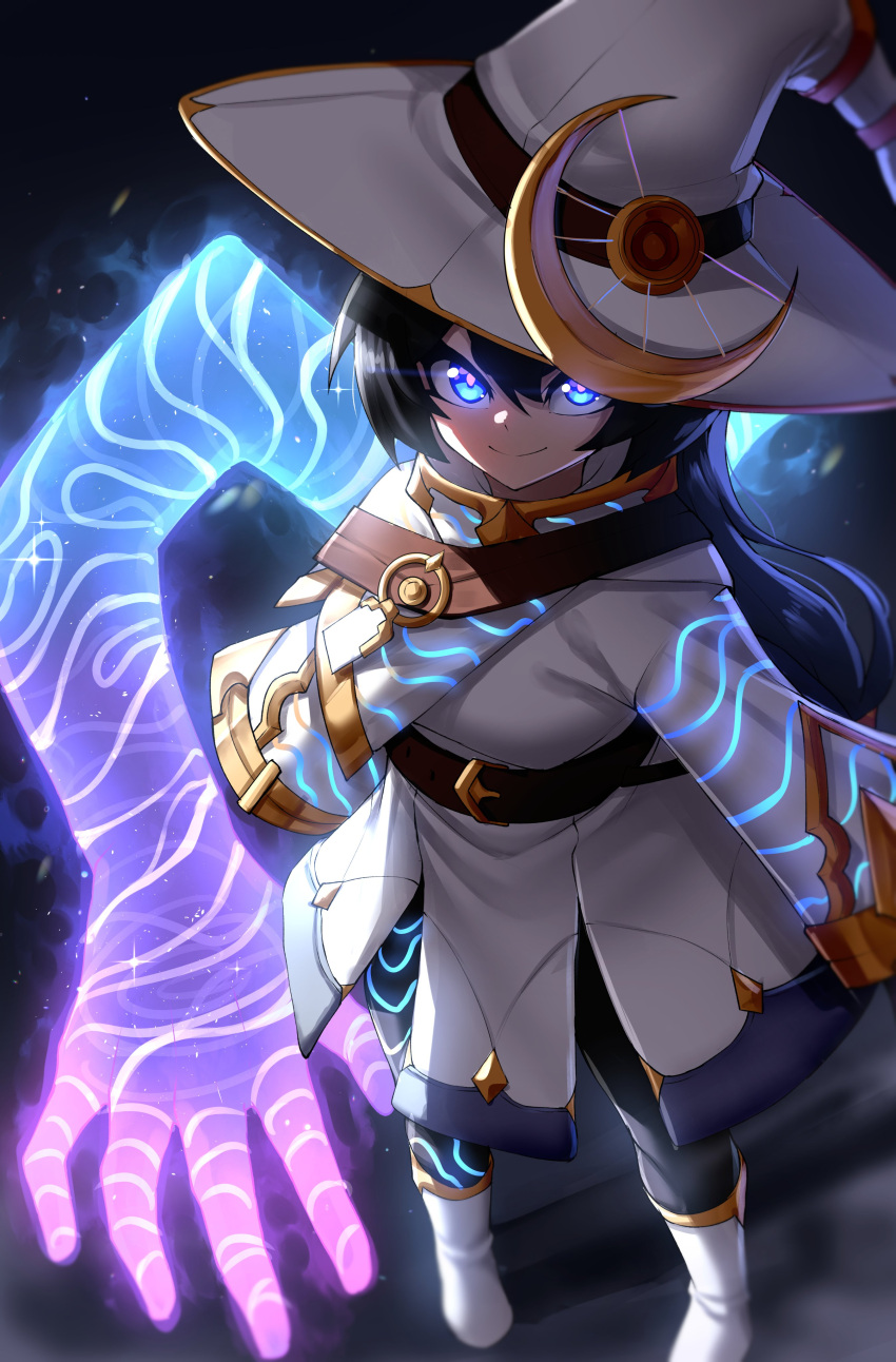 1girl absurdres arms_at_sides black_hair blue_eyes borrowed_character extra_arms glowing glowing_eyes hat highres long_hair looking_at_viewer original rageman709 smile solo standing witch witch_hat ystra_(squeaky)