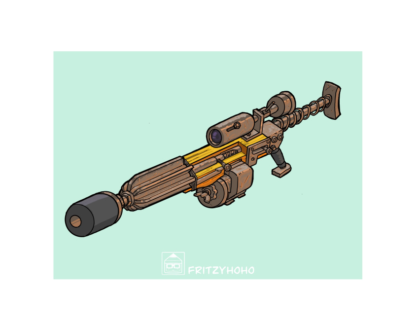 absurdres blue_background border fallout fallout_4 fritzyhoho gun highres no_humans rifle scope suppressor weapon weapon_focus white_border