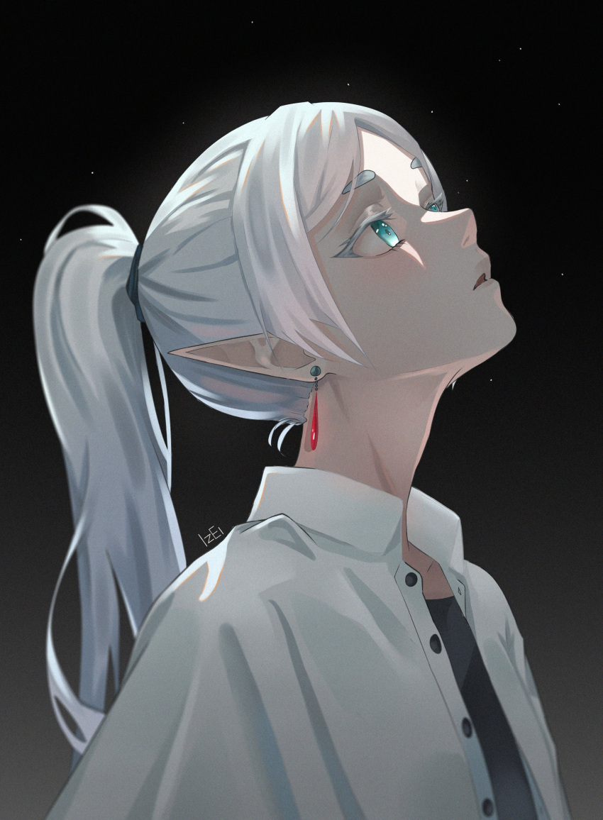 1girl absurdres black_shirt blue_eyes collared_shirt dangle_earrings earrings elf frieren highres izei1337 jewelry long_hair looking_up open_mouth pointy_ears ponytail shirt solo sousou_no_frieren unbuttoned white_hair white_shirt