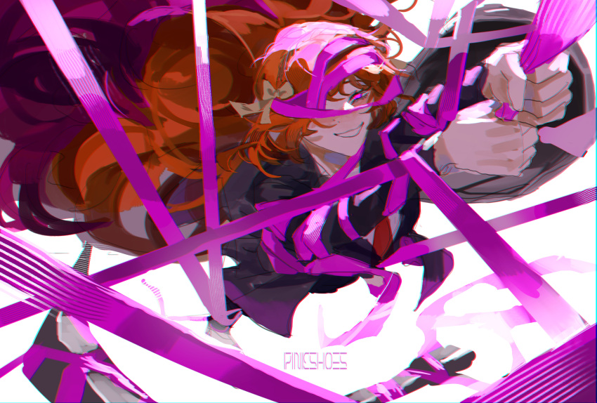 anchor arms_up black_coat bow brown_hairband coat e.g.o_(project_moon) grin hair_bow hairband highres iccevzy ishmael_(limbus_company) limbus_company long_hair long_sleeves looking_at_viewer necktie orange_hair pink_eyes pink_shoes_(limbus_company) project_moon red_necktie shirt simple_background smile very_long_hair white_background white_bow white_shirt