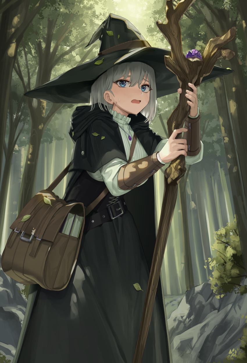 1girl absurdres bag black_capelet black_headwear black_skirt blue_eyes breasts capelet commentary commission day forest goback grey_hair hair_between_eyes hat highres holding holding_staff hood hood_down hooded_capelet leaf looking_at_viewer medium_breasts nature open_mouth original outdoors shirt shoulder_bag skirt solo staff tree white_shirt witch_hat