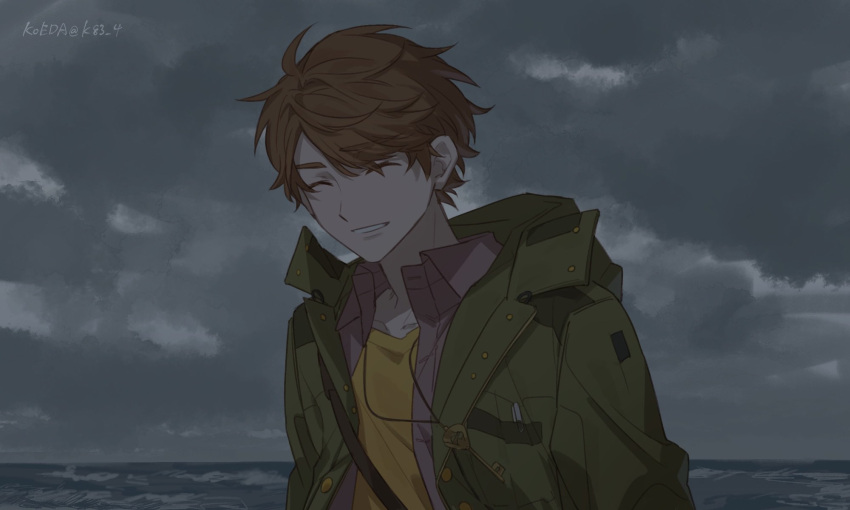 1boy ^_^ brown_hair closed_eyes clouds cloudy_sky collarbone collared_shirt commentary_request dress_shirt facing_viewer green_jacket grey_shirt highres horizon jacket key koeda_(k83_4) luke_pearce_(tears_of_themis) male_focus ocean open_clothes open_jacket open_shirt outdoors shirt sky smile solo tears_of_themis thick_eyebrows water yellow_shirt