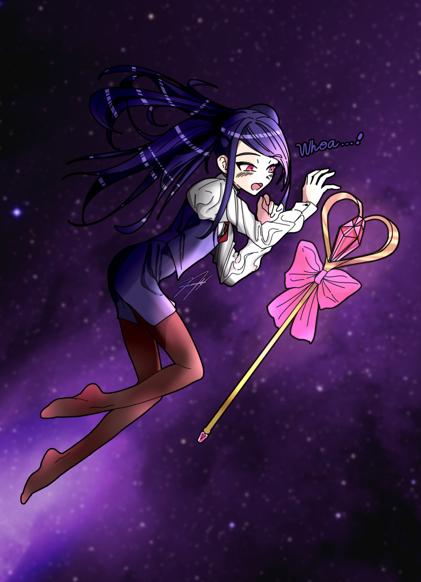1girl absurdres floating gem griffinichirou heart highres huge_bow jill_stingray long_hair long_sleeves necktie no_shoes pantyhose pencil_skirt purple_hair red_necktie shirt sidelocks signature skirt solo space staff va-11_hall-a vest violet_eyes white_shirt