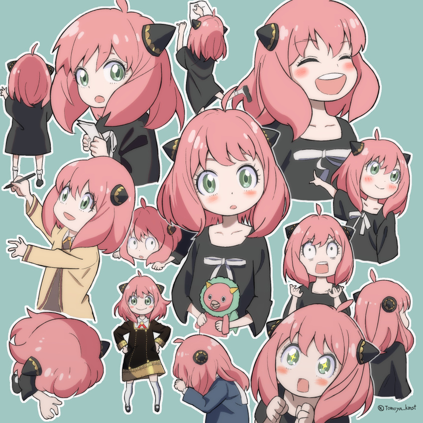 +_+ 1girl :d :o ^_^ ahoge anya_(spy_x_family) arms_up artist_name black_dress black_footwear blush bobby_socks brooch clenched_hands closed_eyes closed_mouth collared_shirt commentary_request cone_hair_bun cropped_torso director_chimera_(spy_x_family) double_bun dress eden_academy_school_uniform expressions eyelashes facing_away from_behind gold_trim green_background green_eyes hair_between_eyes hair_bun hairpods hands_on_own_hips hands_up highres holding holding_paper holding_pen holding_stuffed_toy jacket jewelry kamishita_tomoya kneehighs long_sleeves looking_at_viewer looking_to_the_side medium_hair multiple_views neck_ribbon open_mouth outline paper pen pink_hair pointing red_ribbon ribbon round_teeth school_uniform shirt shoes short_sleeves sidelocks simple_background smile socks split_mouth spy_x_family stuffed_animal stuffed_toy teeth twitter_username upper_body upper_teeth_only v-shaped_eyebrows white_outline white_ribbon white_shirt white_socks wide-eyed yellow_jacket