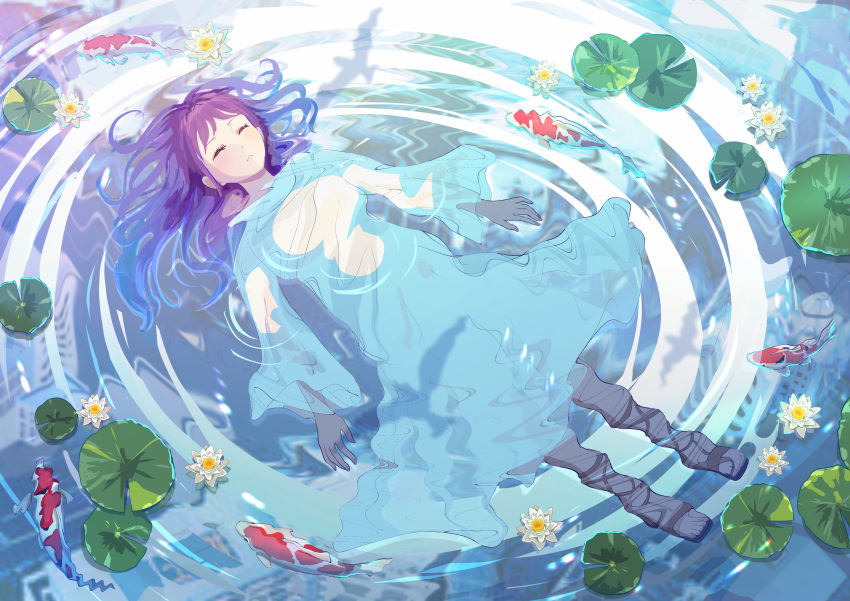 1girl absurdres afloat closed_eyes cross-laced_footwear dress hair_spread_out highres koi long_hair nap_on_a_cloud original purple_hair ripples sandals water_lily_flower white_dress