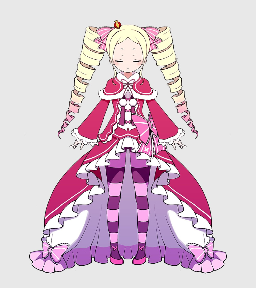 1girl beatrice_(re:zero) blonde_hair bow capelet closed_eyes closed_mouth crown drill_hair facing_viewer full_body fur-trimmed_capelet fur_trim grey_background hair_bow highres jacket long_sleeves mini_crown neck_ribbon pantyhose parted_bangs pink_bow pink_footwear prmsub purple_pantyhose re:zero_kara_hajimeru_isekai_seikatsu red_jacket ribbon shoes simple_background solo standing striped striped_pantyhose twin_drills twintails