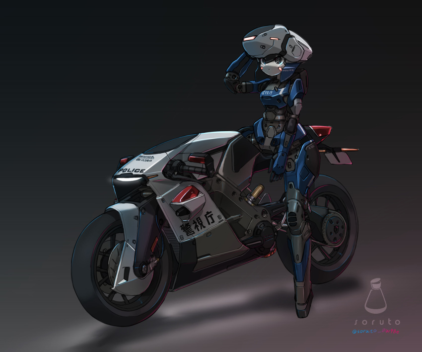 1girl artist_name blue_eyes commentary_request full_body grey_background highres joints motor_vehicle motorcycle original police robot_girl robot_joints science_fiction shadow solo soruto_0w98e