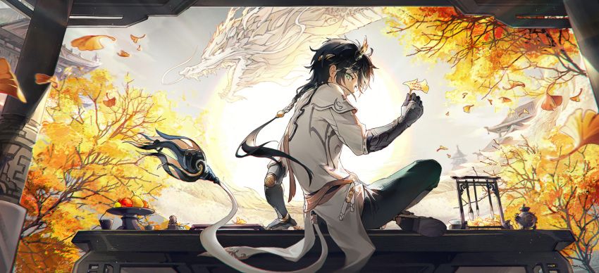 1boy absurdres apple architecture arm_support autumn autumn_leaves black_footwear black_hair boots braid braided_ponytail calligraphy_brush changyu:_qilin_(punishing:_gray_raven) changyu_(punishing:_gray_raven) chinese_clothes chinese_commentary chromatic_aberration coat commentary_request dragon dragon_horns east_asian_architecture eastern_dragon fake_horns fake_tail food from_behind fruit full_body ginkgo_leaf ginkgo_tree green_eyes green_pants hand_on_table headband highres holding holding_leaf horns indian_style leaf long_hair looking_at_viewer looking_back male_focus mechanical_arms official_alternate_costume paintbrush pants pear persimmon pillar plate punishing:_gray_raven qiu_chengrun single_horn sitting sitting_on_table solo sun table tail talisman wax_seal white_coat yellow_headband
