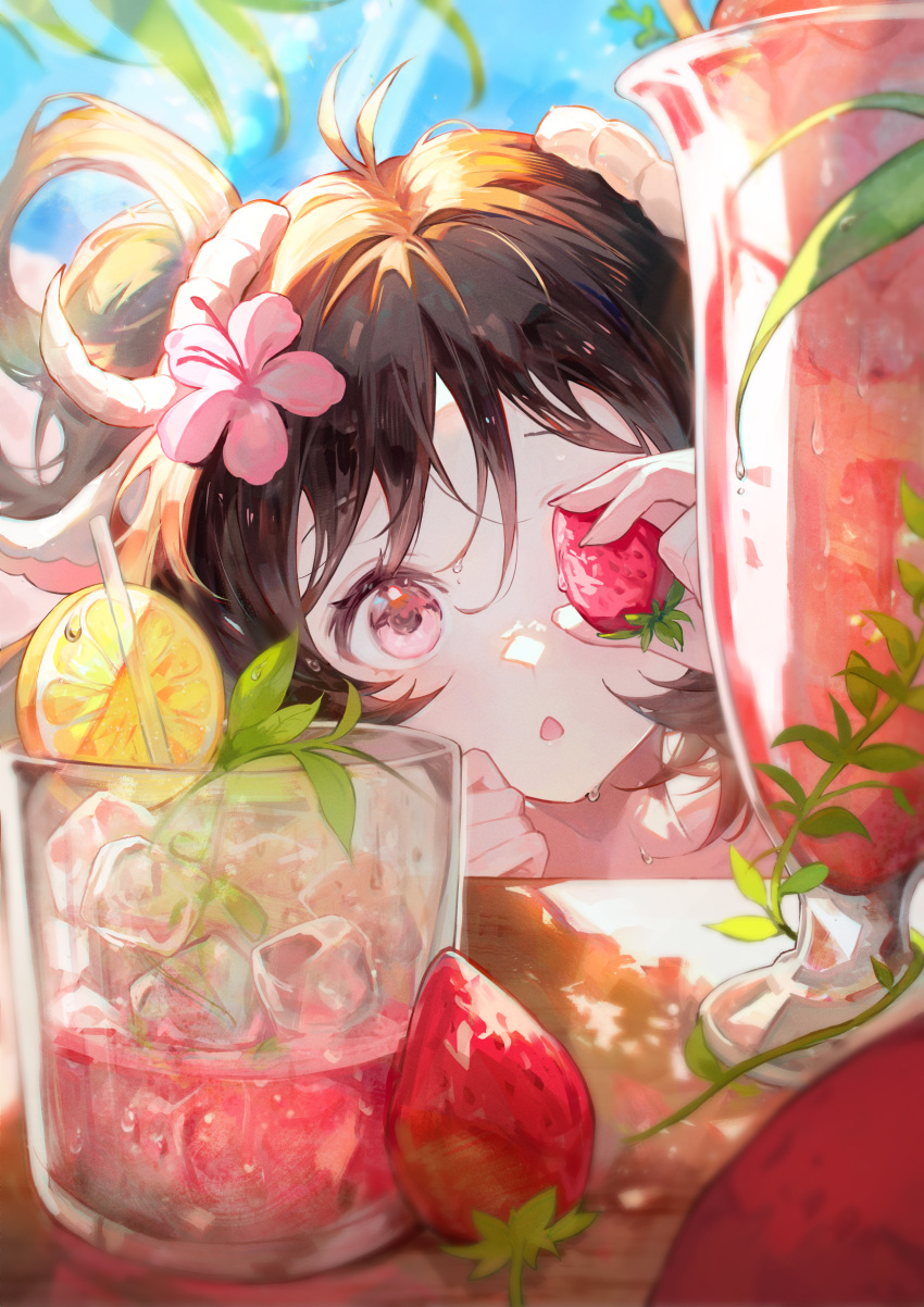 1girl animal_ears antenna_hair arknights blush brown_hair chestnut_mouth covering_one_eye cup day drink drinking_glass eyjafjalla_(arknights) flower food fruit greypidjun hair_flower hair_ornament hibiscus highres holding holding_food horns ice ice_cube lemon lemon_slice long_hair looking_at_viewer official_alternate_costume open_mouth outdoors pink_flower sheep_ears sheep_girl sheep_horns solo strawberry sunlight table violet_eyes