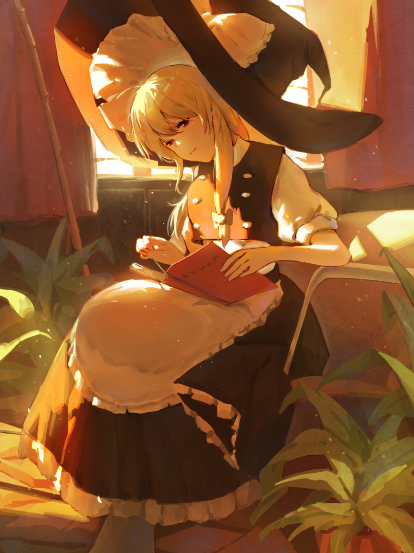 1girl apron black_skirt black_vest blonde_hair book bow braid buttons commentary_request frilled_skirt frills hair_bow hat highres indoors kenkxx kirisame_marisa plant potted_plant reading shirt short_sleeves single_braid sitting skirt touhou vest white_apron white_shirt witch_hat