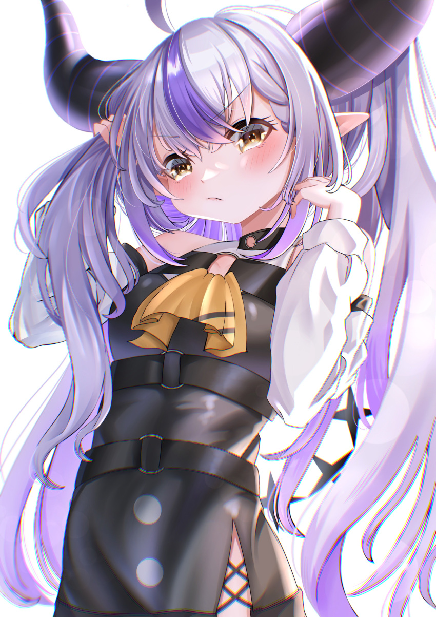 1girl absurdres ahoge ascot bare_shoulders black_horns blush braid braided_bangs detached_sleeves grey_hair hachi_kyu_shiki highres holding holding_hair hololive horns la+_darknesss la+_darknesss_(1st_costume) long_hair looking_at_viewer multicolored_hair pointy_ears purple_hair solo streaked_hair striped_horns twintails virtual_youtuber yellow_ascot