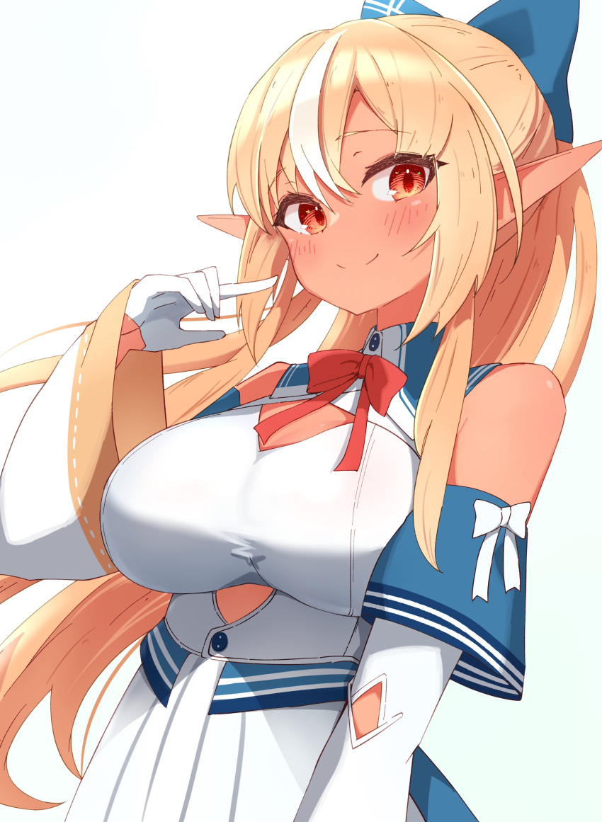 1girl absurdres blonde_hair bow bowtie breasts dark-skinned_female dark_skin detached_sleeves dress gloves half_gloves highres hololive large_breasts long_hair orange_eyes pointy_ears ponytail red_bow red_bowtie sen_(sen42724788) shiranui_flare smile virtual_youtuber white_background white_dress white_gloves