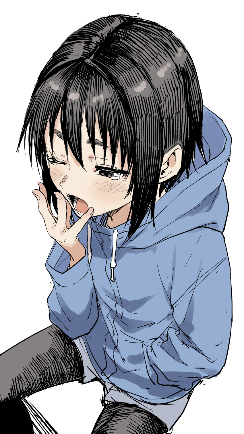 absurdres black_eyes black_hair blue_hoodie blue_jacket character_request commentary commentary_request copyright_request hand_up highres hood hooded_jacket hoodie jacket leggings long_sleeves open_mouth short_hair simple_background sitting solo white_background yamamoto_souichirou yawning
