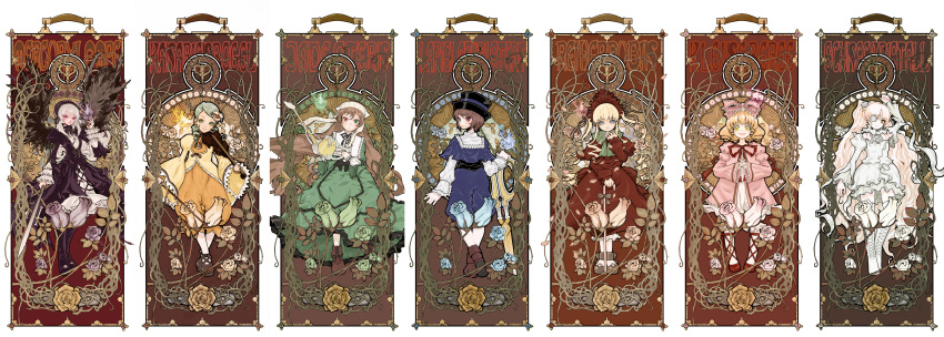 6+girls absurdres art_nouveau black_flower black_rose blonde_hair blue_eyes blue_shirt blue_shorts blush bonnet boots bow brown_eyes brown_footwear brown_hair cane commentary_request crossed_ankles doll_joints dress drill_hair eyepatch feathers flower frills fujinozu full_body german_text green_dress green_eyes green_flower green_hair green_rose hair_ornament hairband hat head_scarf heterochromia highres hinaichigo holding instrument joints kanaria kirakishou lolita_fashion long_hair long_sleeves looking_at_viewer looking_back multiple_girls pink_bow pink_hair plant porkpie_hat red_eyes rosa_mystica rose rozen_maiden scissors shinku shirt short_hair shorts smile souseiseki suigintou suiseiseki suitcase sword thigh-highs thigh_boots thorns very_long_hair vines violin watering_can weapon white_flower white_hair white_rose wings yellow_eyes yellow_flower yellow_rose