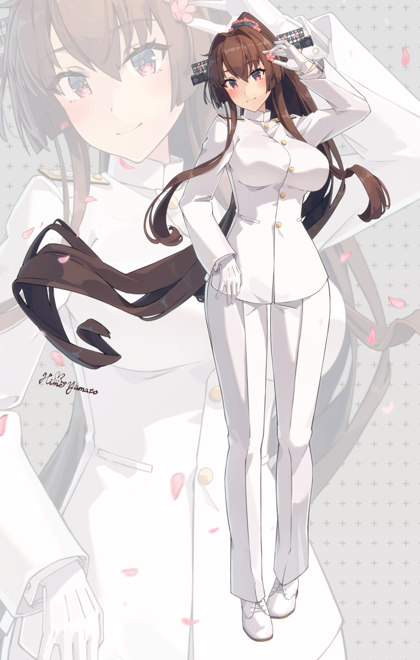 1girl absurdres artist_name blush breasts brown_eyes brown_hair buttons cherry_blossoms closed_mouth flower full_body gloves hair_between_eyes hair_flower hair_ornament highres himeyamato kantai_collection large_breasts long_hair long_sleeves military_uniform multiple_views naval_uniform pants petals pink_flower ponytail shoes signature smile uniform very_long_hair white_footwear white_gloves white_pants yamato_(kancolle) zoom_layer