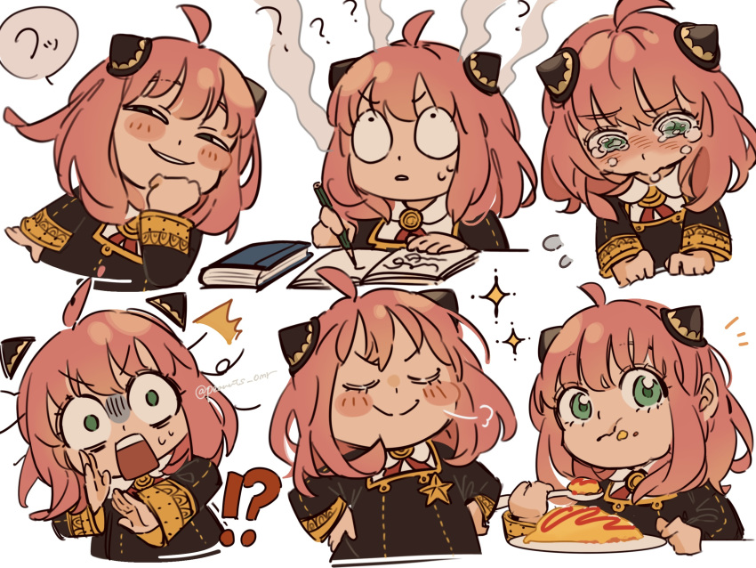 !? 1girl =3 ? ahoge anya's_heh_face_(meme) anya_(spy_x_family) artist_name black_dress blush blush_stickers book brooch child closed_eyes closed_mouth collared_shirt commentary_request cone_hair_bun cropped_torso crying crying_with_eyes_open double_bun dress eating eden_academy_school_uniform expressions eyelashes food food_on_face gold_trim green_eyes hair_between_eyes hair_bun hairpods hand_up hands_on_own_hips head_steam highres holding holding_pencil holding_spoon jewelry long_sleeves medium_hair meme multiple_views neck_ribbon nose_blush notice_lines omelet omurice open_book open_mouth parted_lips peanuts_omr pencil pink_hair plate red_ribbon ribbon school_uniform shirt sidelocks simple_background smile smug sparkle speech_bubble split_mouth spoon spy_x_family square_neckline star_(symbol) surprised sweat tears teeth turn_pale twitter_username u_u upper_body upper_teeth_only v-shaped_eyebrows white_background white_shirt wide-eyed