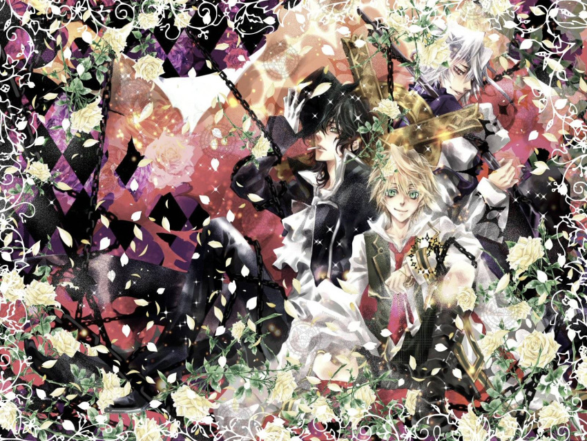 blonde_hair boots chain flower formal gilbert_nightray gloves green_eyes hair_over_one_eye hat highres lee_sun_young oz_vessalius pandora_hearts red_eyes rose short_hair silver_hair smile trench_coat trenchcoat weapon xerxes_break yellow_eyes