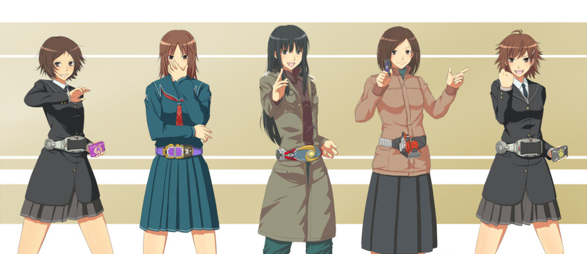 amagami ayatsuji_yukari belt character_request highres itou_kanae_(amagami) itou_nakae jacket kamen_rider kamen_rider_agito kamen_rider_agito_(series) kamen_rider_blade_(series) kamen_rider_gai kamen_rider_leangle kamen_rider_ohja kamen_rider_ouja kamen_rider_ryuki_(series) kamen_rider_skull kamen_rider_w kimi_kiss kurosano_noriko kurosawa_noriko makihara_mika parody pose school_uniform toki_(artist) yamaguchi_ayumi