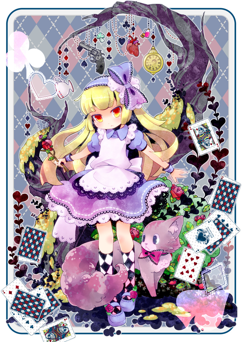 absurdres argyle argyle_legwear blonde_hair bow card cards cat cup dress falling_card floating_card gun hair_bow heart highres kneehighs long_hair mary_janes moonyan mushroom original playing_card playing_cards pocket_watch shoes socks solo teacup watch weapon wristband yellow_eyes