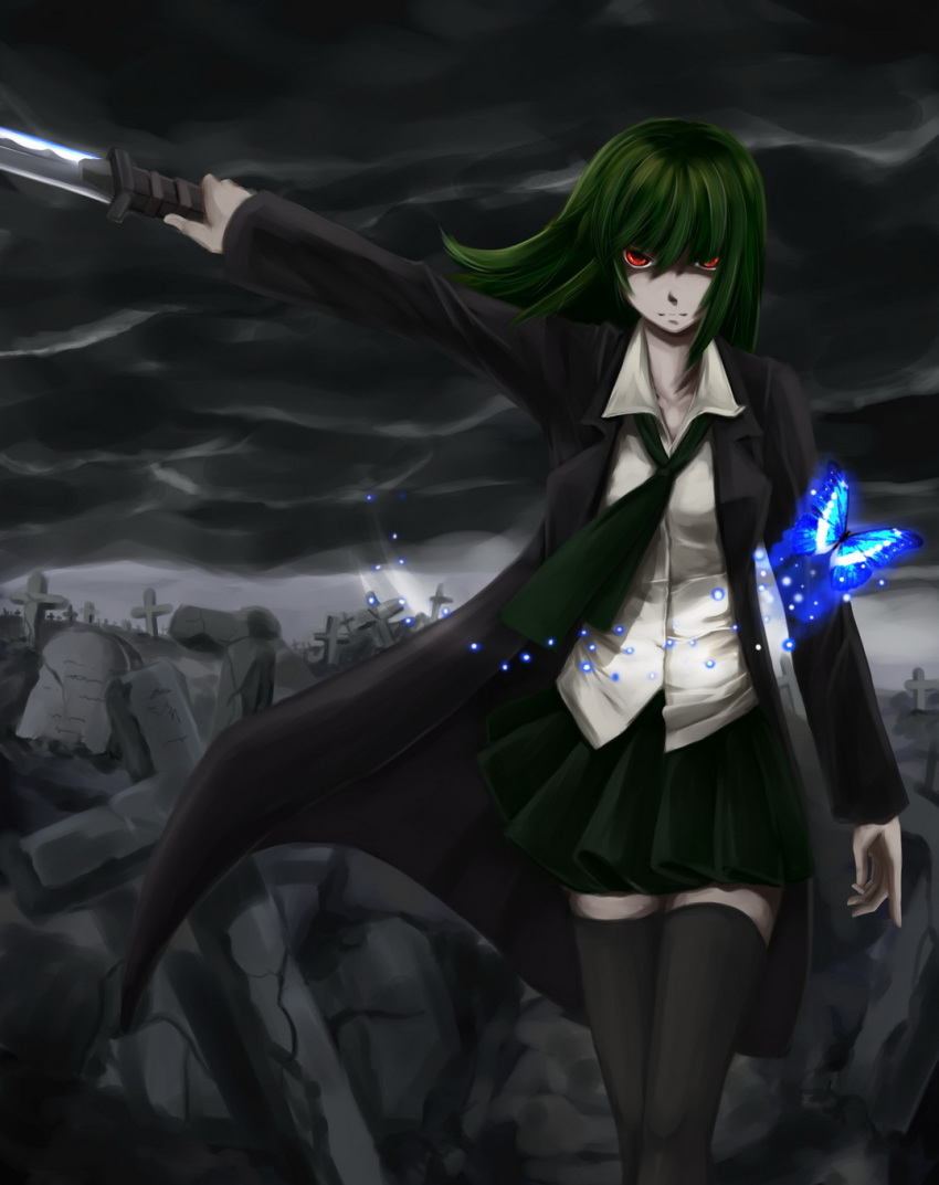 black_thighhighs butterfly character_request cloud clouds coat cross dark grave green_hair highres long_sleeves necktie original outstretched_arm outstretched_hand red_eyes ruins short_hair shou_mai sky smirk solo sword thigh-highs thighhighs weapon zettai_ryouiki