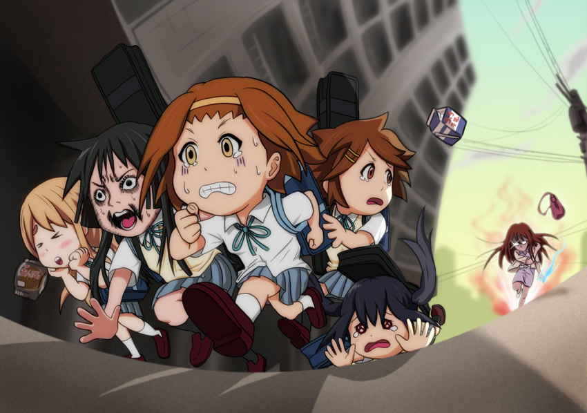 akiyama_mio aura bag black_eyes black_hair blush brown_eyes brown_hair building chasing clenched_teeth closed_eyes fallen_down girls glasses hashiribe hirasawa_yui k-on! kotobuki_tsumugi long_hair looking_back milk milk_carton msics multiple_girls nakano_azusa open_mouth pantyhose parody ribbon running scared school_uniform shadow shoes short_hair skirt style_parody sweat tainaka_ritsu teacher teardrop teeth twintails umezu_kazuo_(style) vest yamanaka_sawako yellow_eyes