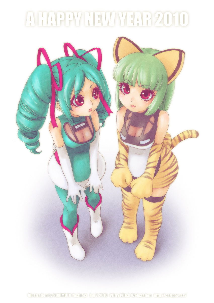 2girls animal_ears boots breasts cleavage drill_hair elbow_gloves gloves green_hair green_legwear green_pantyhose highres multiple_girls new_year open_mouth pantyhose red_eyes short_hair striped sugimoto_yoshiaki tail tendon thigh-highs thighhighs tiger_stripes